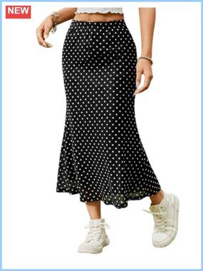 Polka Dot Fishtail Midi Skirt Elastic Waist Ruffle Hem Mesh Bodycon